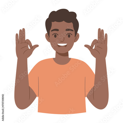 Young african male cartoon character gesturing ok with both hands – flat illustration