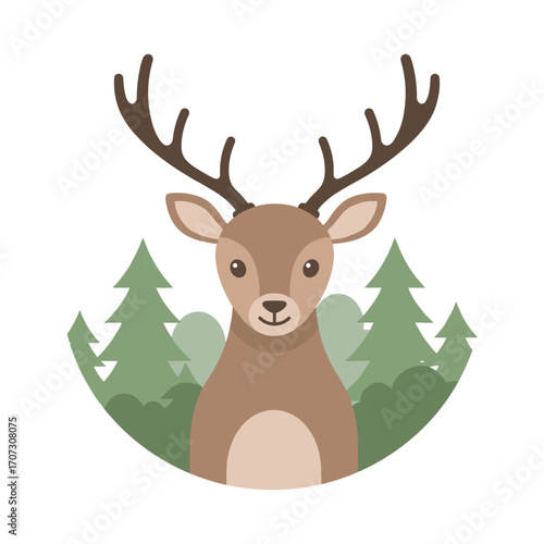 Cartoon deer in forest with antlers and trees – flat illustration