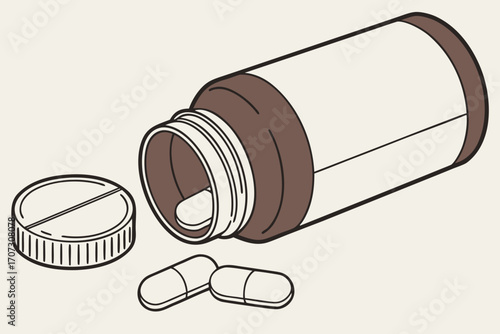 Minimalist medicine bottle with blank label and two capsules outside