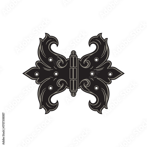 Vintage ornate butterfly hinge design with decorative patterns – flat illustration