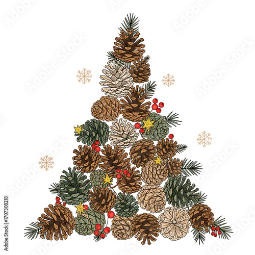Christmas tree made of pinecones, berries, stars, and fir branches