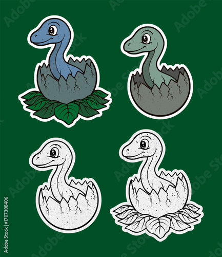 Long neck baby dinosaur rising from egg in leaf nest sticker illustration