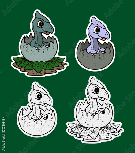 Baby dinosaur with small crest hatching from egg sticker illustration