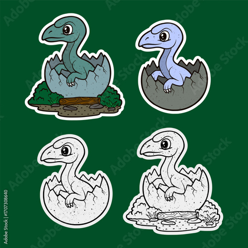 Green baby dinosaur climbing out of egg on rock sticker illustration