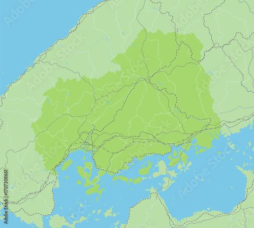 日本の広島県と隣接する都道府県を含む、緑色のシンプルなロードマップ