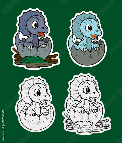 Frilled baby dinosaur hatching in twig nest sticker illustration