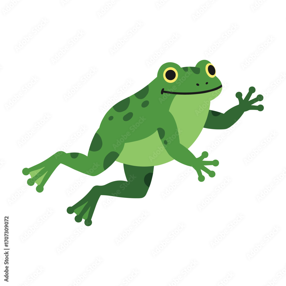 Fototapeta premium Colorful cartoon green frog jumping with spots – flat illustration