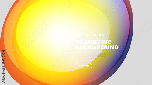 Abstract geometric background features vibrant color gradients. Circular shapes overlap creating dynamic visual effect. Modern design.