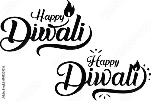 Elegant happy diwali calligraphy design in black color on white background celebrating the festival of lights in india