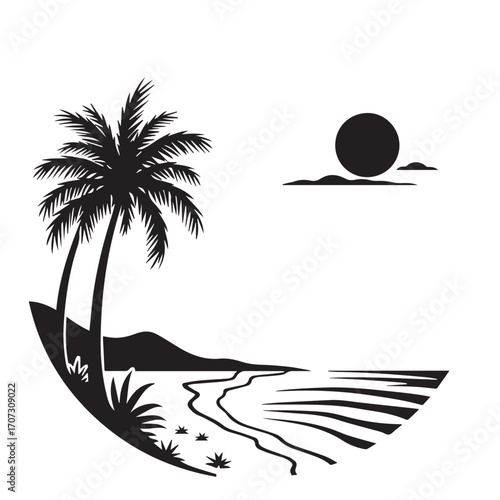 vector illustration of a tropical beach, palm, beach, tree, sea, tropical, summer, island, sun, vector, ocean, nature, illustration, travel, landscape, water, sunset, sky, sand, vacation, silhouette, 