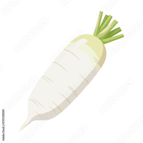 White daikon radish illustration with green leaves and detailed design – flat illustration