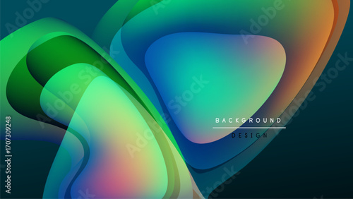 Abstract fluid shapes overlap, creating vibrant color gradients. Dark background emphasizes flowing forms, modern design element.