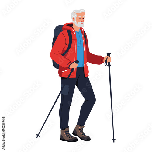 Elderly caucasian male hiking with poles and backpack in outdoor gear – flat illustration