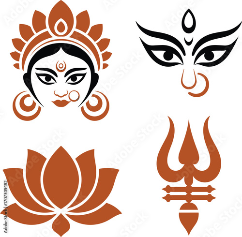 Durga Maa Face Lotus Trident Symbols Hindu Goddess Icon Set Design