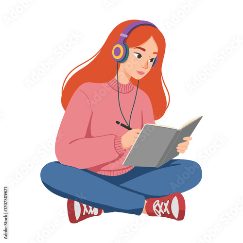 Young caucasian female listening to music while writing in notebook – flat illustration