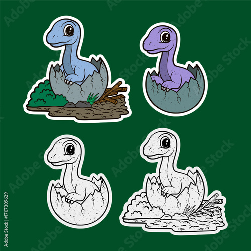 baby dinosaur hatching with twig nest sticker illustration
