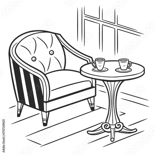 armchair and  table with tea