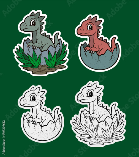 Spiny backed baby dinosaur hatching in leaf nest sticker illustration