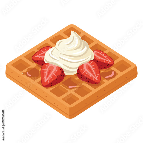 Delicious belgian waffle with fresh strawberries and cream topping – flat illustration