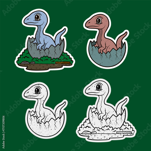 Long neck baby sauropod emerging from egg sticker illustration