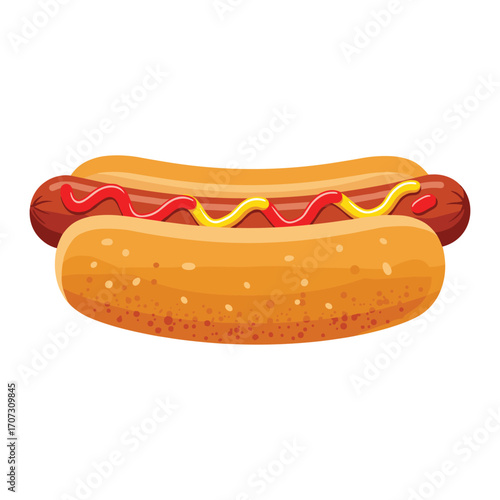 Delicious hot dog with ketchup and mustard on soft bun – flat illustration