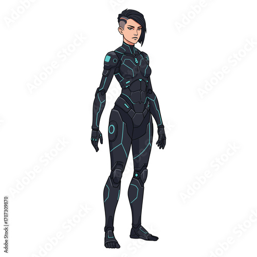 Female cyborg warrior in futuristic armor with black suit and blue accents – flat illustration