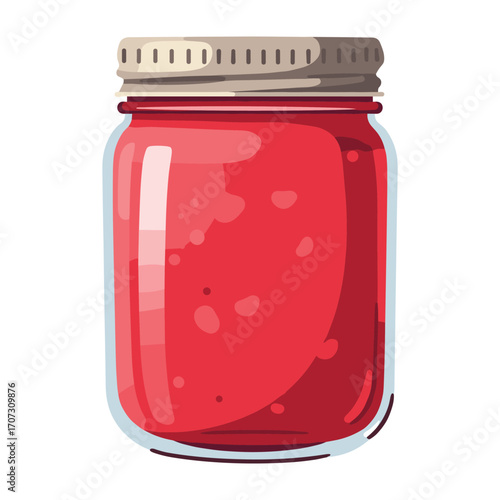 Sealed jar of red fruit jam with lid – flat illustration