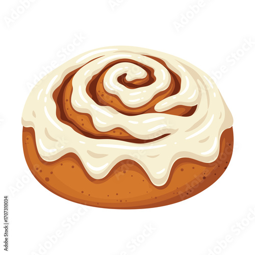 Delicious cinnamon roll with creamy vanilla icing swirl on top – flat illustration