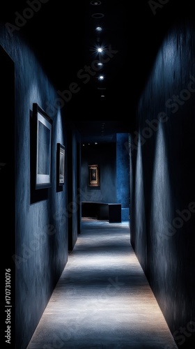 A long dark hallway with a painting on the wall