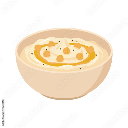 Creamy hummus bowl with olive oil and chickpeas garnish – flat illustration