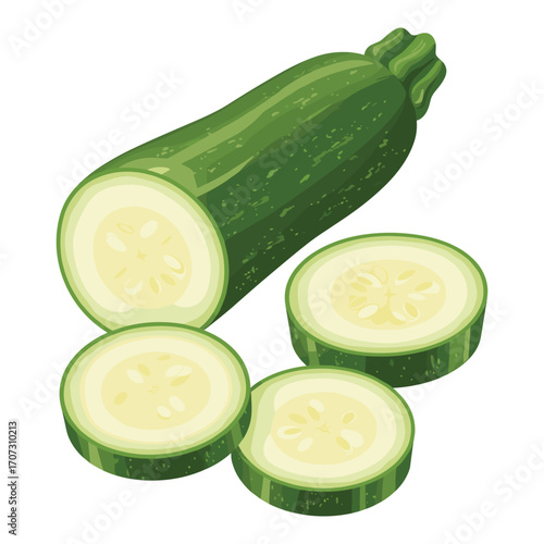 Fresh green zucchini with sliced pieces on a – flat illustration