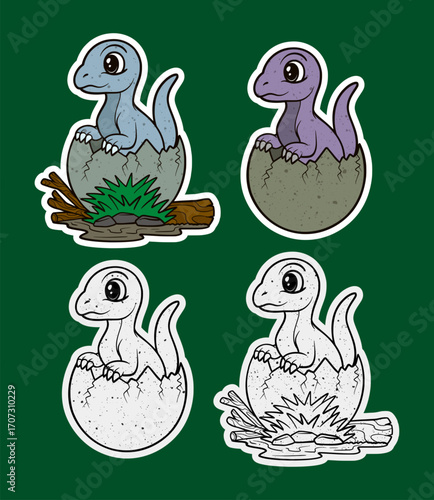 baby dinosaur peeking from cracked egg with fern sticker illustration