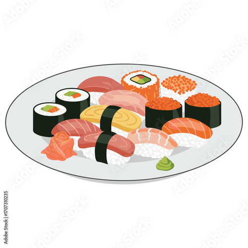 Assorted sushi platter with nigiri, maki, and roe – flat illustration