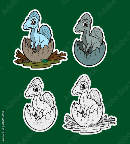Baby dinosaur with sail back hatching in twig nest sticker illustration