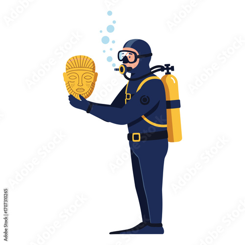 Scuba diver discovers ancient artifact underwater – flat illustration