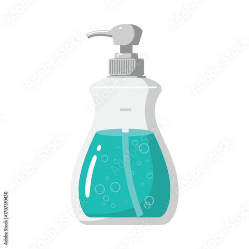 Clear liquid soap dispenser with blue soap and pump – flat illustration
