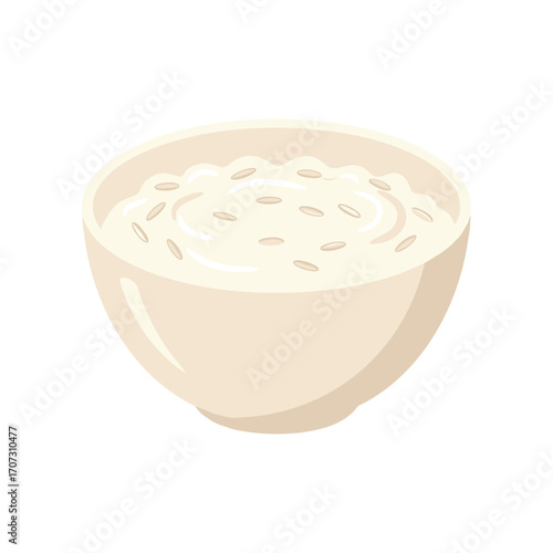 White bowl of creamy rice pudding with brown rice grains on a – flat illustration