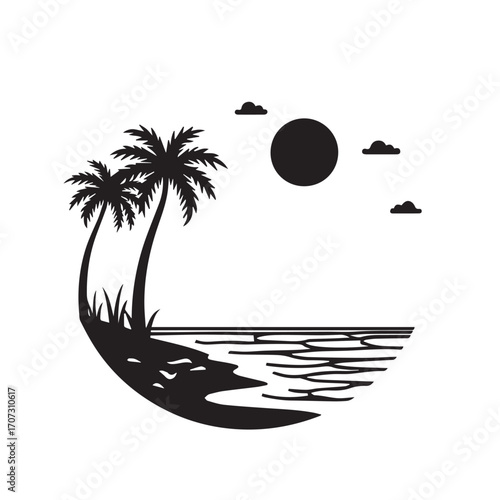 vector illustration of a tropical beach, palm, beach, tree, sea, tropical, summer, island, sun, vector, ocean, nature, illustration, travel, landscape, water, sunset, sky, sand, vacation, silhouette, 