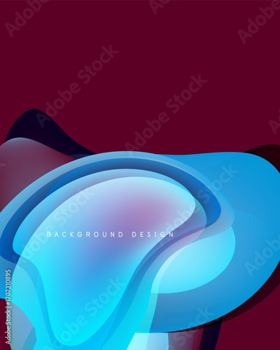Abstract fluid shapes, vibrant blues, deep burgundy backdrop. Modern design element, smooth gradients, dynamic composition.