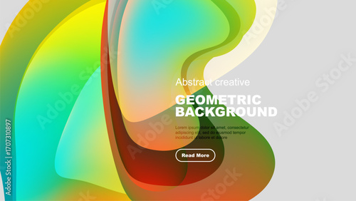 Fluid shapes overlap, creating vibrant color gradients. Modern design features text, button for website promotion.