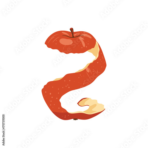 Red apple formed from spiral peel shaped like number two – flat illustration