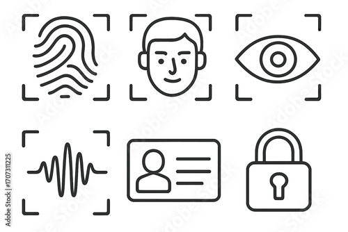 Biometric security icon set. Linear style vector illustration. Fingerprint, face recognition, eye scan, voice authentication, ID card, and lock for access control and identification.