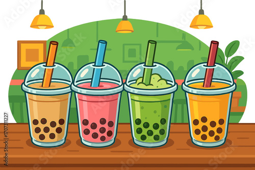 Boba tea vector cartoon set. Bubble tea drinks with tapioca pearls in plastic cups with straws. Assortment of colorful milk tea beverages in a cafe for a menu illustration.