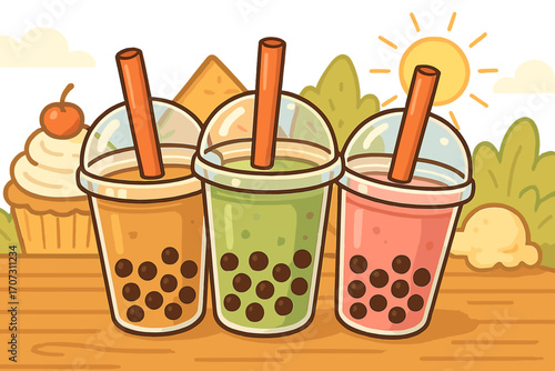 Boba tea vector illustration. Cute cartoon bubble milk tea with tapioca pearls. Summer refreshment dessert drink set. Asian beverage for cafe menu. Kawaii food graphic.