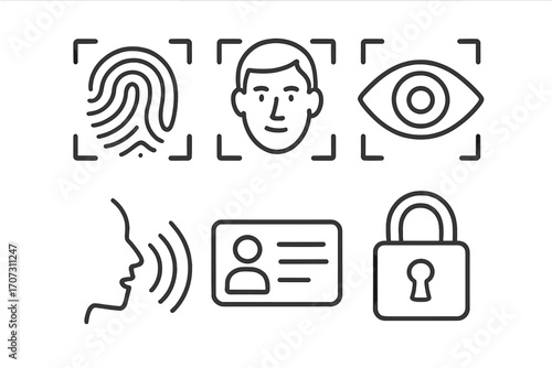 Biometric security and identification icon set. Linear icons for fingerprint, face, eye, and voice recognition. Access control, authentication, and privacy vector symbols.