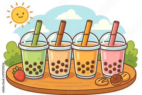 Boba tea vector set. Cute cartoon illustration of bubble milk tea with tapioca pearls. Different flavors in plastic cups for a dessert menu on a sunny summer afternoon.