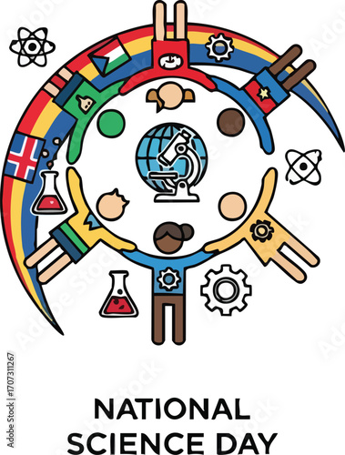 National Science Day Illustration Diverse Students and Scientists United Around the Globe