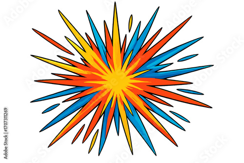 Comic book explosion. Abstract cartoon blast with bang effect for surprise. Pop art starburst with radial lines. Vector graphic for dynamic energy and visual impact.