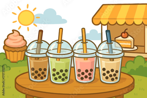 Set of colorful boba tea cups with tapioca pearls at an outdoor cafe. Vector cartoon of bubble milk tea drinks, desserts, and food stall on a sunny summer afternoon.
