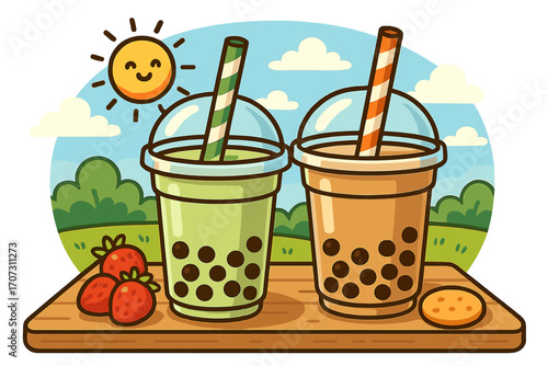 Boba tea vector cartoon illustration. Summer picnic with bubble milk tea and matcha drinks. Cute refreshing beverage with tapioca pearls, strawberries and cookie on a sunny day.